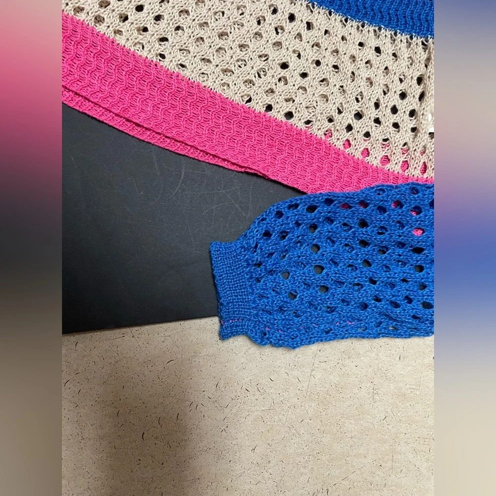Long Sleeve Crochet Crop Top Color Block Hollow Out Shirt, M
